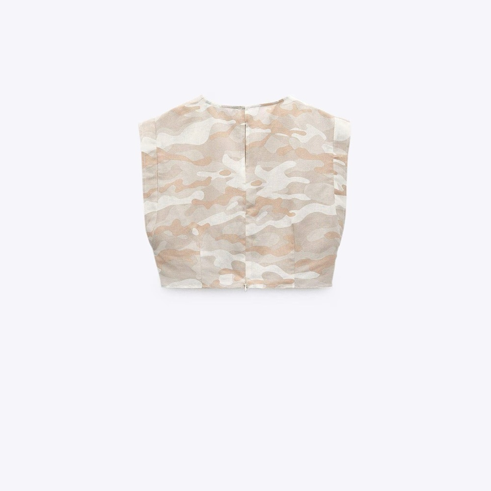 Zara Women’s Printed Blouse Cream & White Camo Patterned Crop Top (Light Camel) - Picture 2 of 9